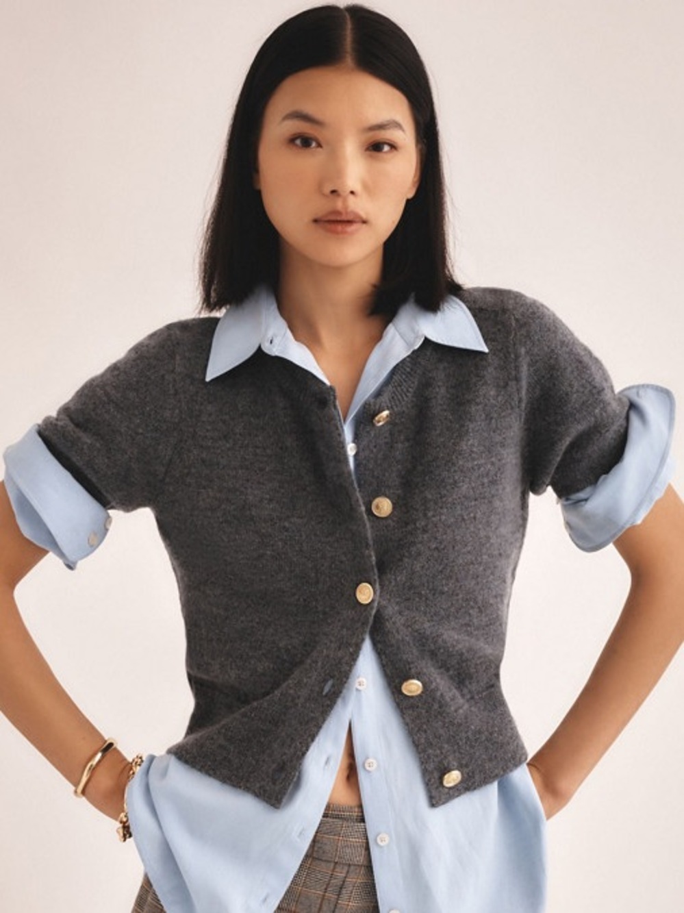 Maeve for Anthropologie Short Sleeve Gold Button Grey Cardigan size large
